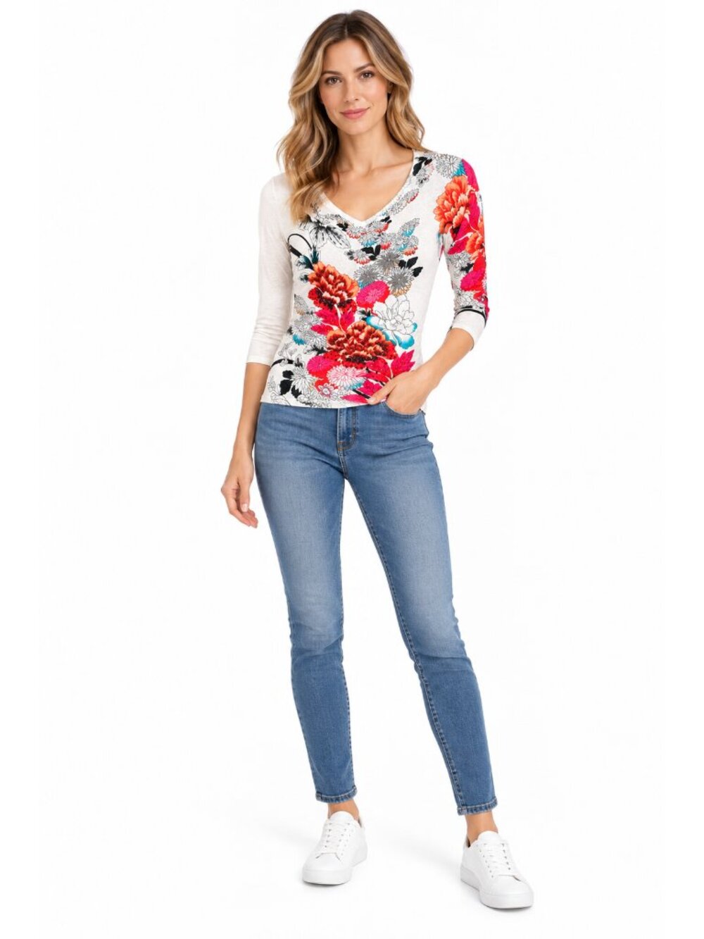 Alberto Makali Floral V-Neck Embellished Top Size S